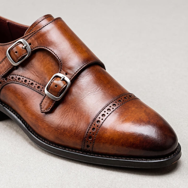 Men's double-buckle shoes in burnished leather with straight toe
