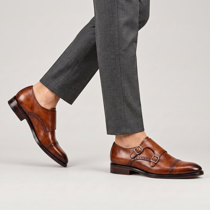 Men's double-buckle shoes in burnished leather with straight toe