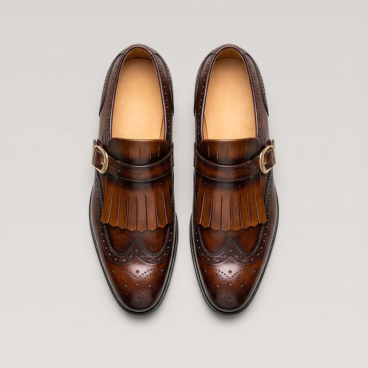 Herren-Loafer aus patiniertem Leder mit Schnalle und Brogue-Details