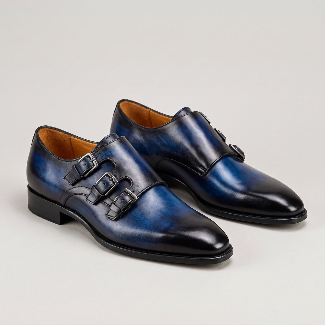 Men's Triple Monk Strap Patina Leather Shoes with Buckle Fastening