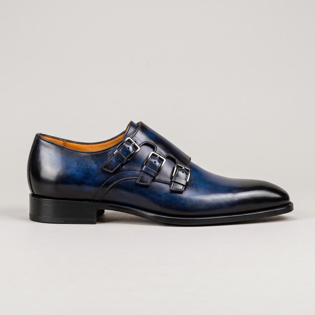 Men's Triple Monk Strap Patina Leather Shoes with Buckle Fastening