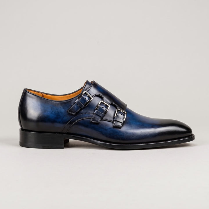 Men's Triple Monk Strap Patina Leather Shoes with Buckle Fastening