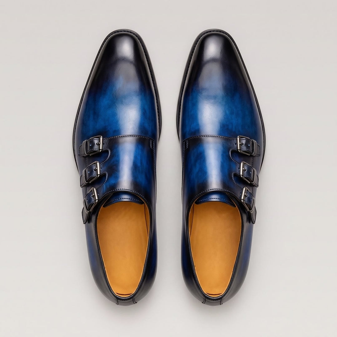Men's Triple Monk Strap Patina Leather Shoes with Buckle Fastening