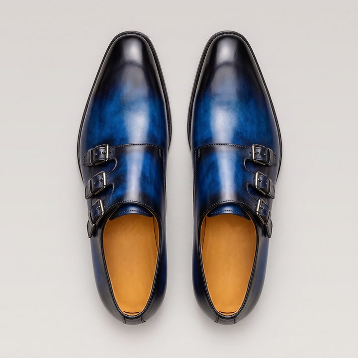 Men's Triple Monk Strap Patina Leather Shoes with Buckle Fastening