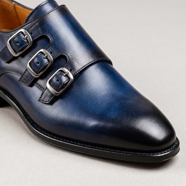 Men's Triple Monk Strap Patina Leather Shoes with Buckle Fastening