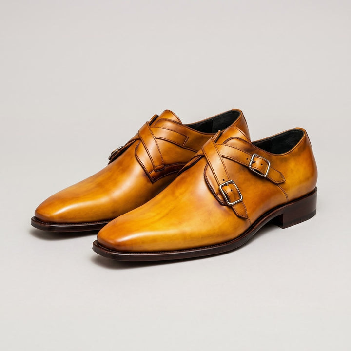 Men's Double Monk Strap Patina Leather Shoes with Buckle Fastening