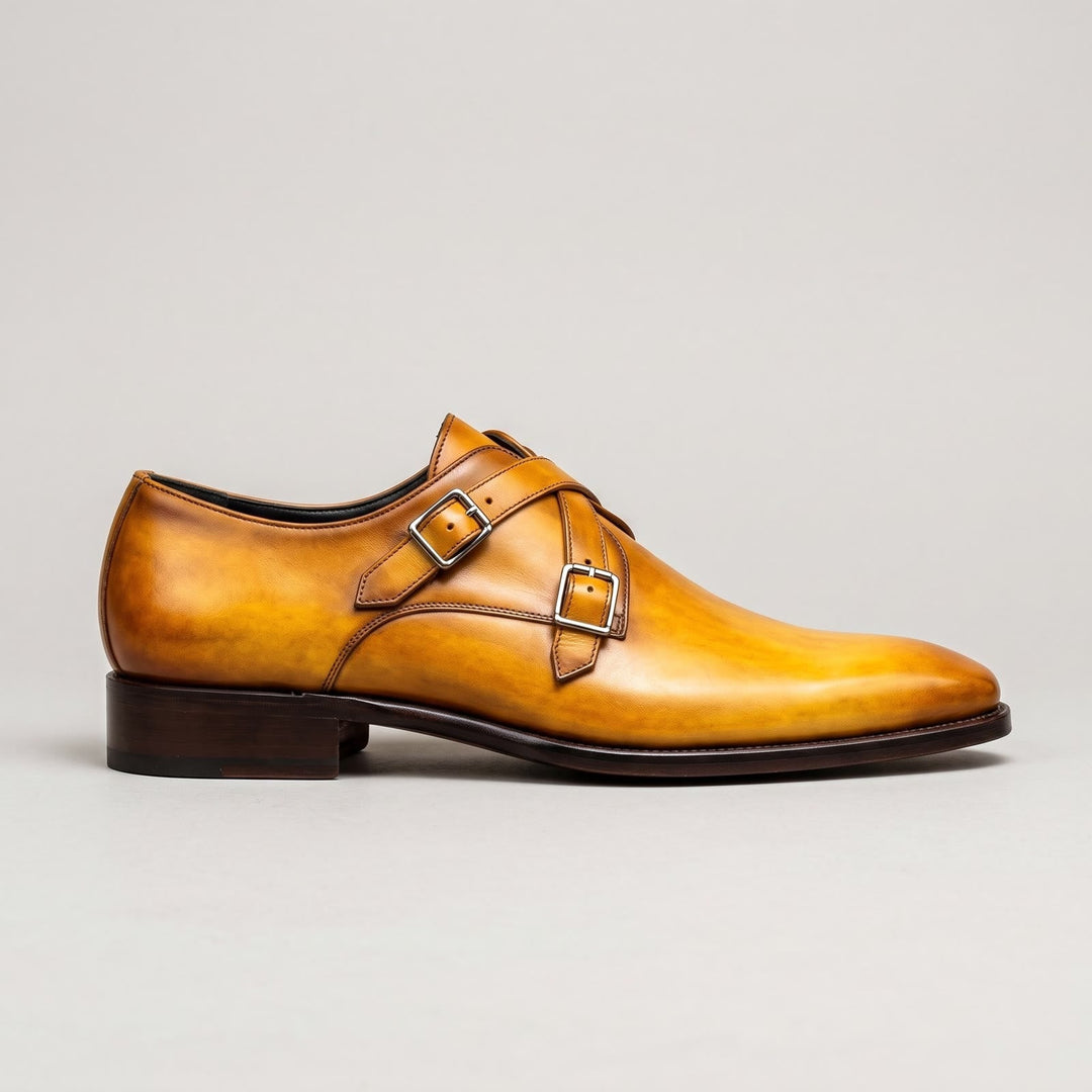 Men's Double Monk Strap Patina Leather Shoes with Buckle Fastening