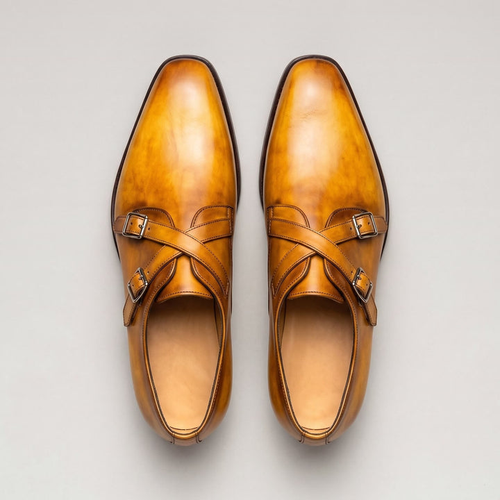 Men's Double Monk Strap Patina Leather Shoes with Buckle Fastening