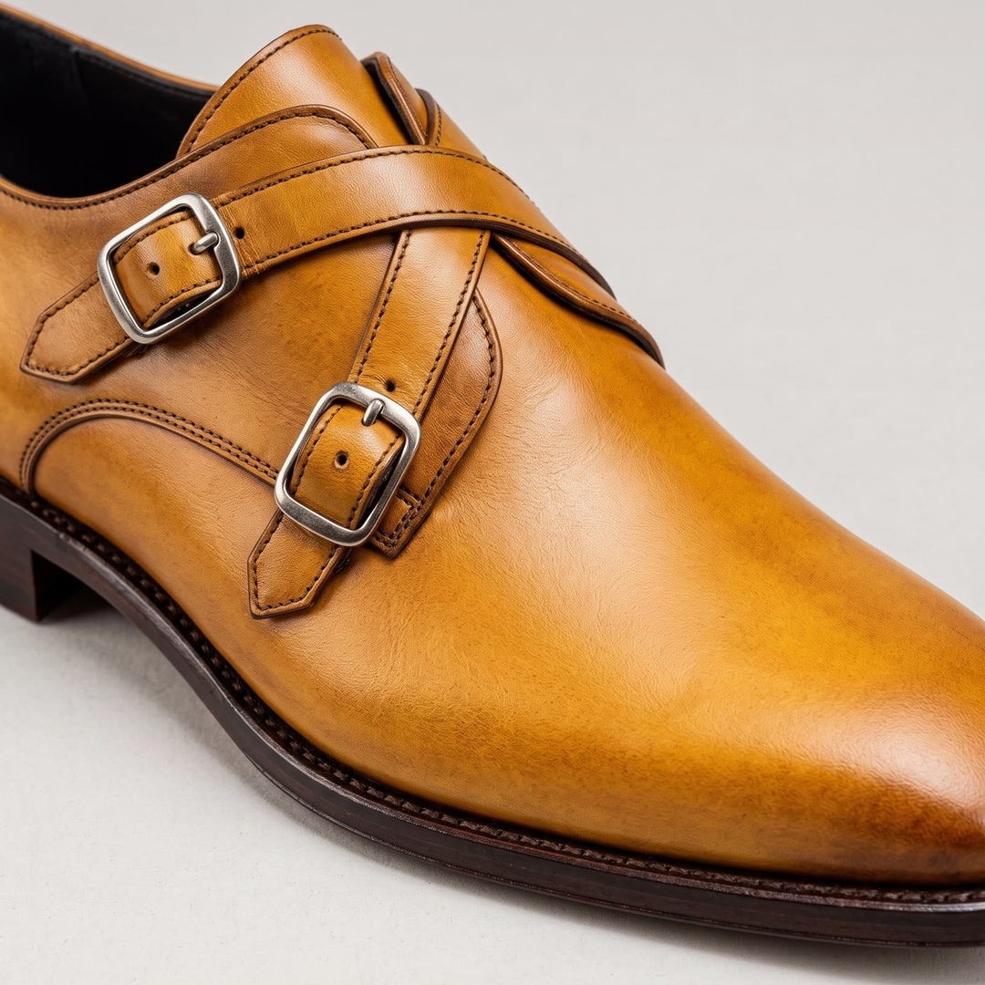 Men's Double Monk Strap Patina Leather Shoes with Buckle Fastening