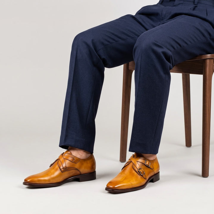 Men's Double Monk Strap Patina Leather Shoes with Buckle Fastening