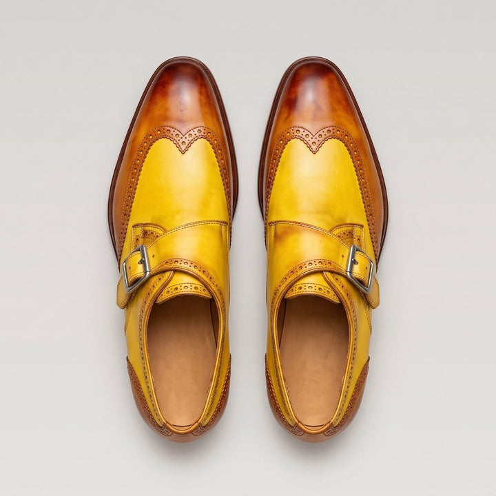 Zweifarbige Herren-Lederschuhe mit einfacher Schnalle und Brogue-Details