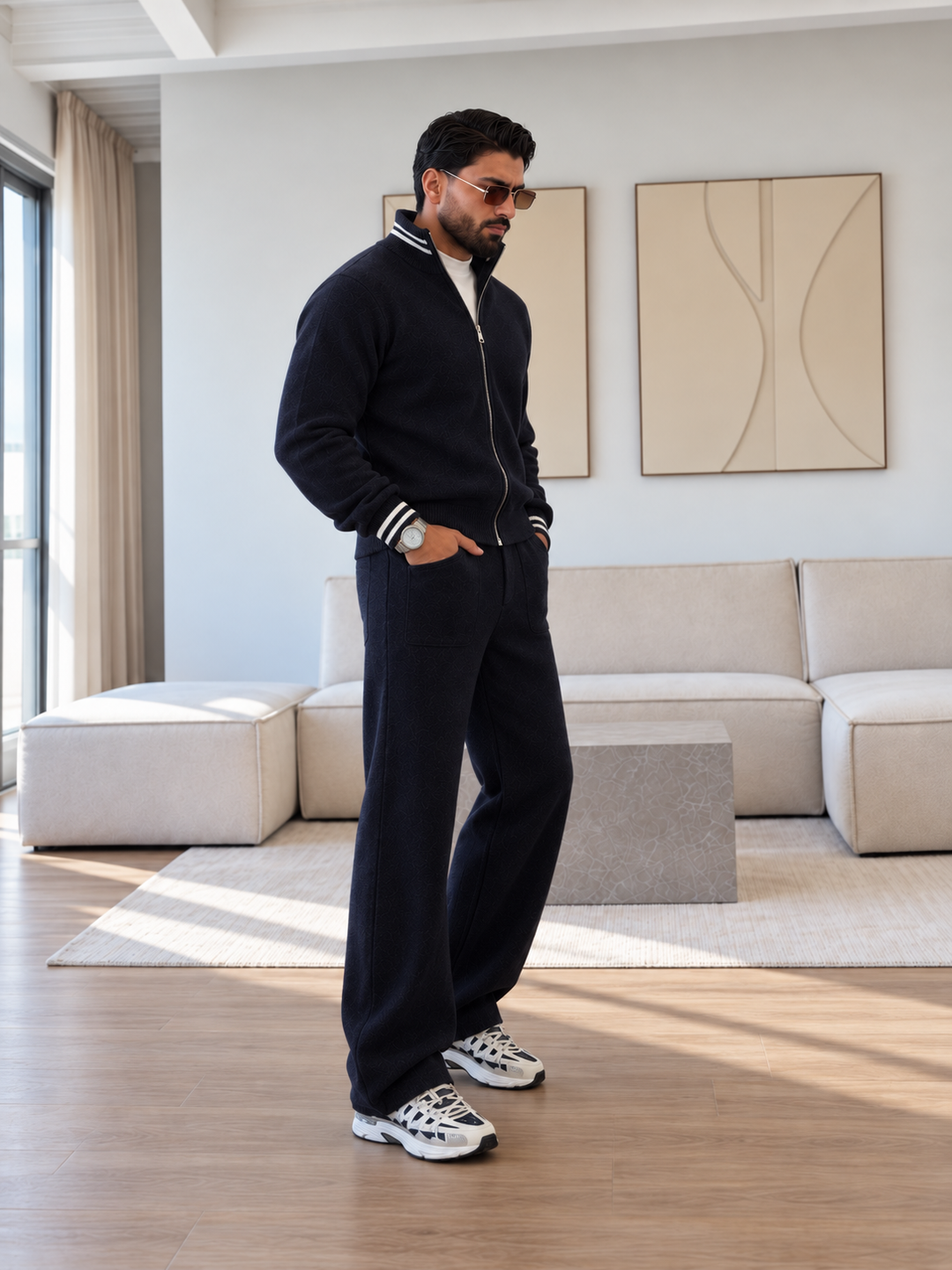 Herengebreide set met vest met opstaande kraag, gestreepte manchetten en broek