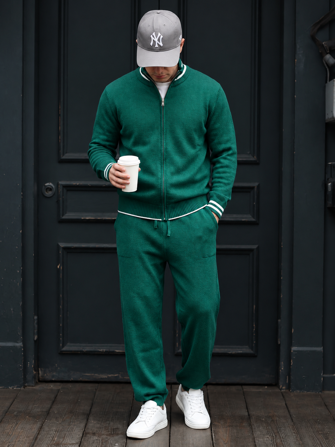 Men's Knitwear Set with Stand-Collar Full-Zip Jacket and Straight-Leg Pants