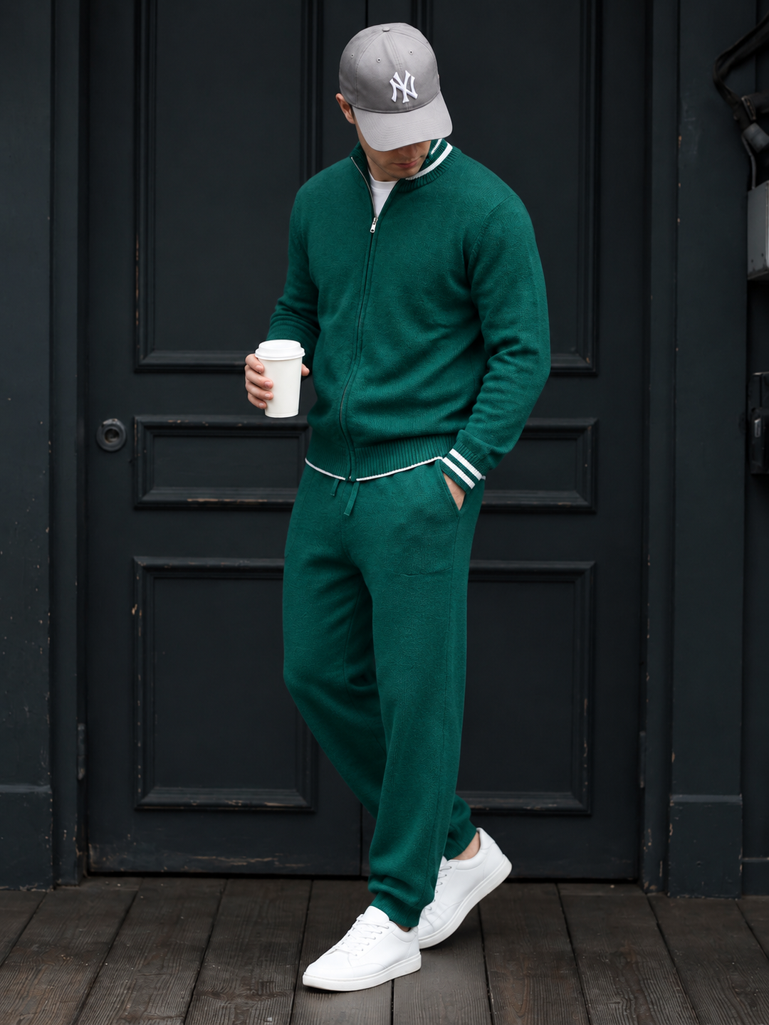 Men's Knitwear Set with Stand-Collar Full-Zip Jacket and Straight-Leg Pants