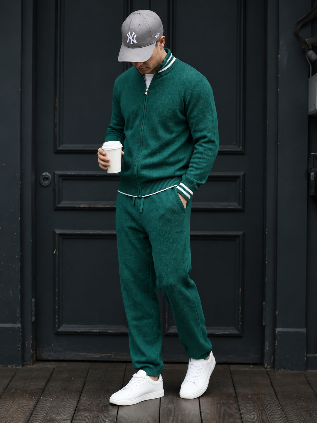Men's Knitwear Set with Stand-Collar Full-Zip Jacket and Straight-Leg Pants