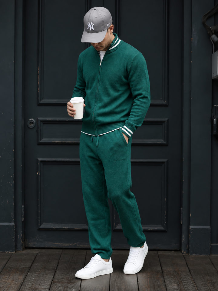 Men's Knitwear Set with Stand-Collar Full-Zip Jacket and Straight-Leg Pants
