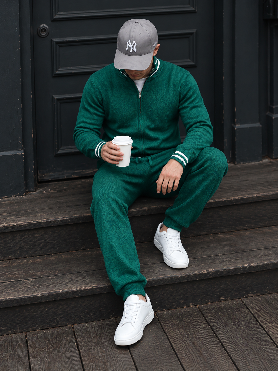 Men's Knitwear Set with Stand-Collar Full-Zip Jacket and Straight-Leg Pants