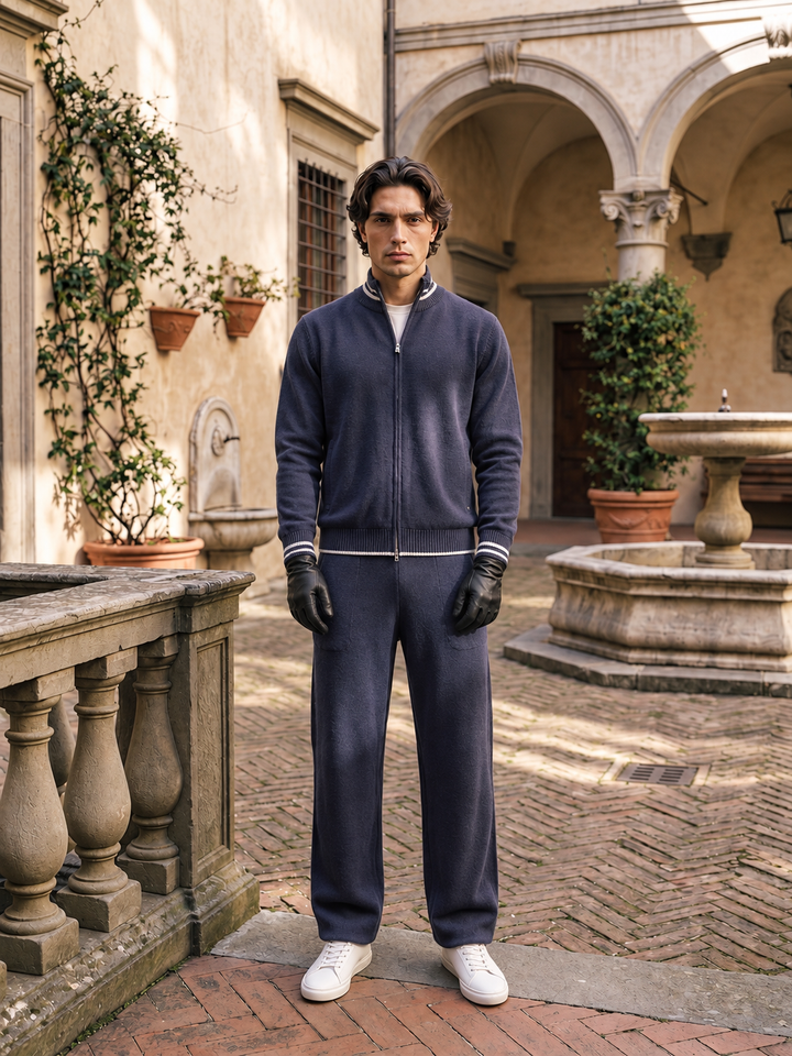 Ensemble Maille Homme Veste Zippée Col Montant Liseré Contrastant
