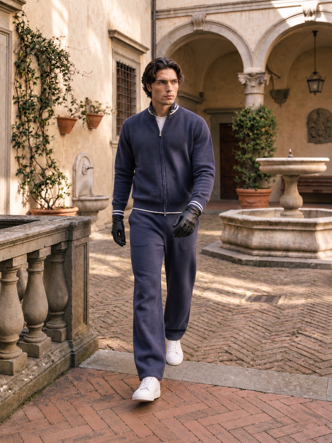 Ensemble Maille Homme Veste Zippée Col Montant Liseré Contrastant
