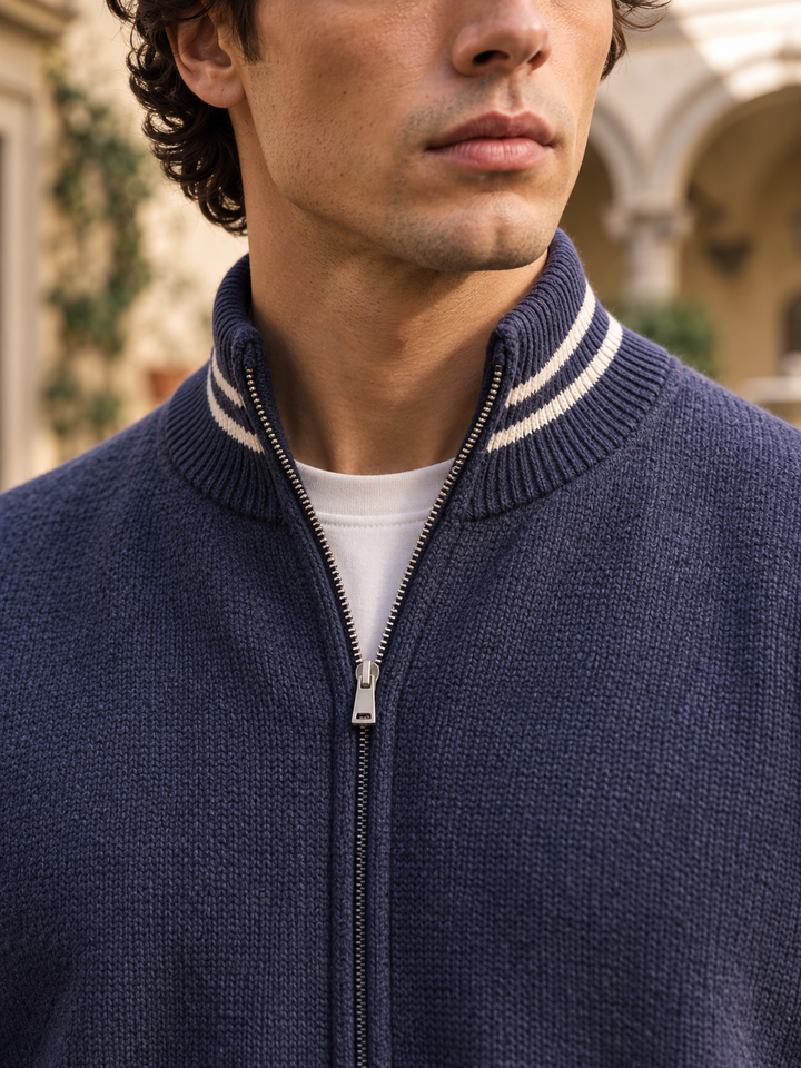 Ensemble Maille Homme Veste Zippée Col Montant Liseré Contrastant