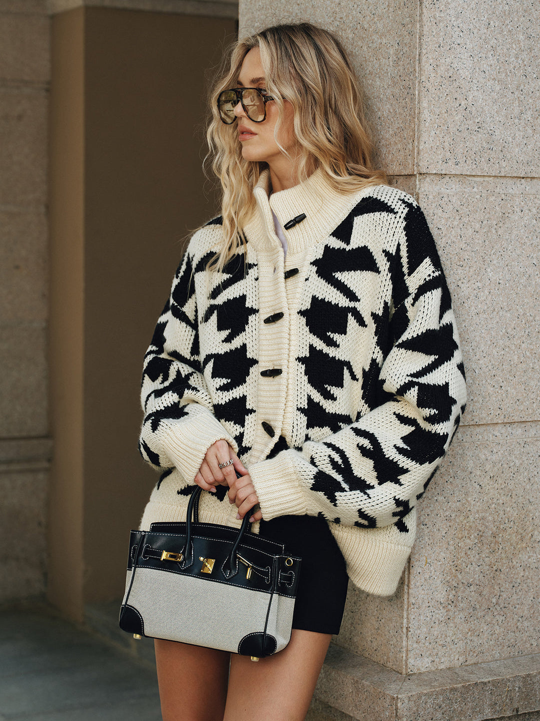 Cardigan oversize da donna in maglia con motivo pied-de-poule