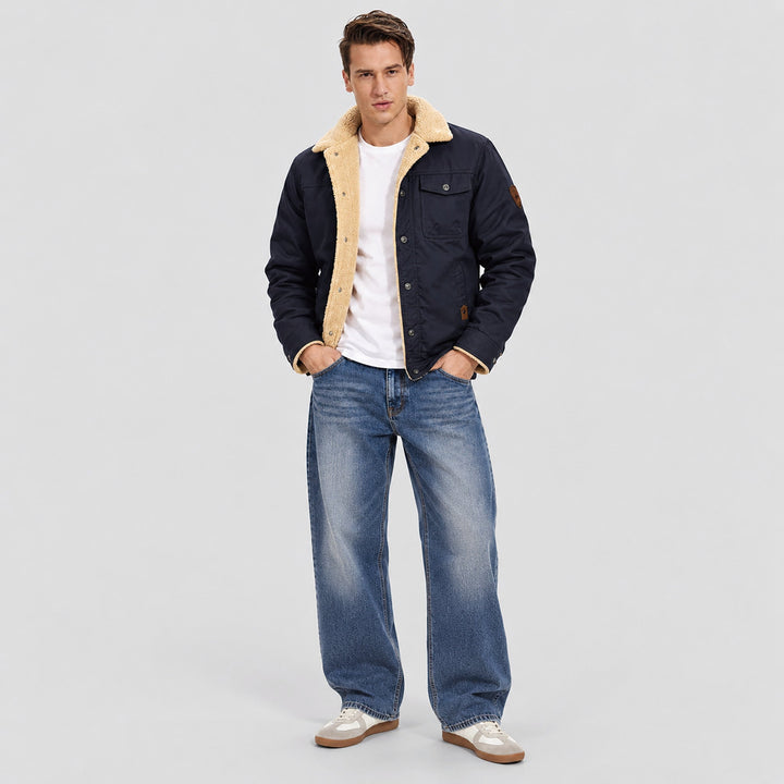 Giacca trucker da uomo foderata in sherpa con colletto risvoltato