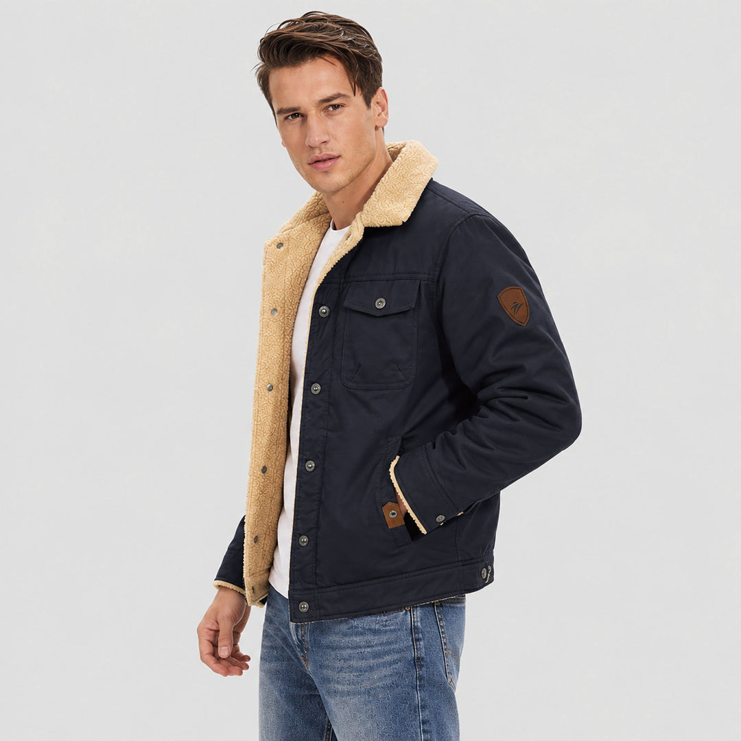 Giacca trucker da uomo foderata in sherpa con colletto risvoltato