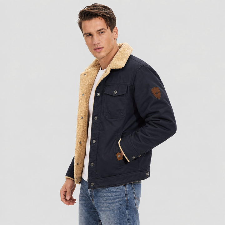 Giacca trucker da uomo foderata in sherpa con colletto risvoltato