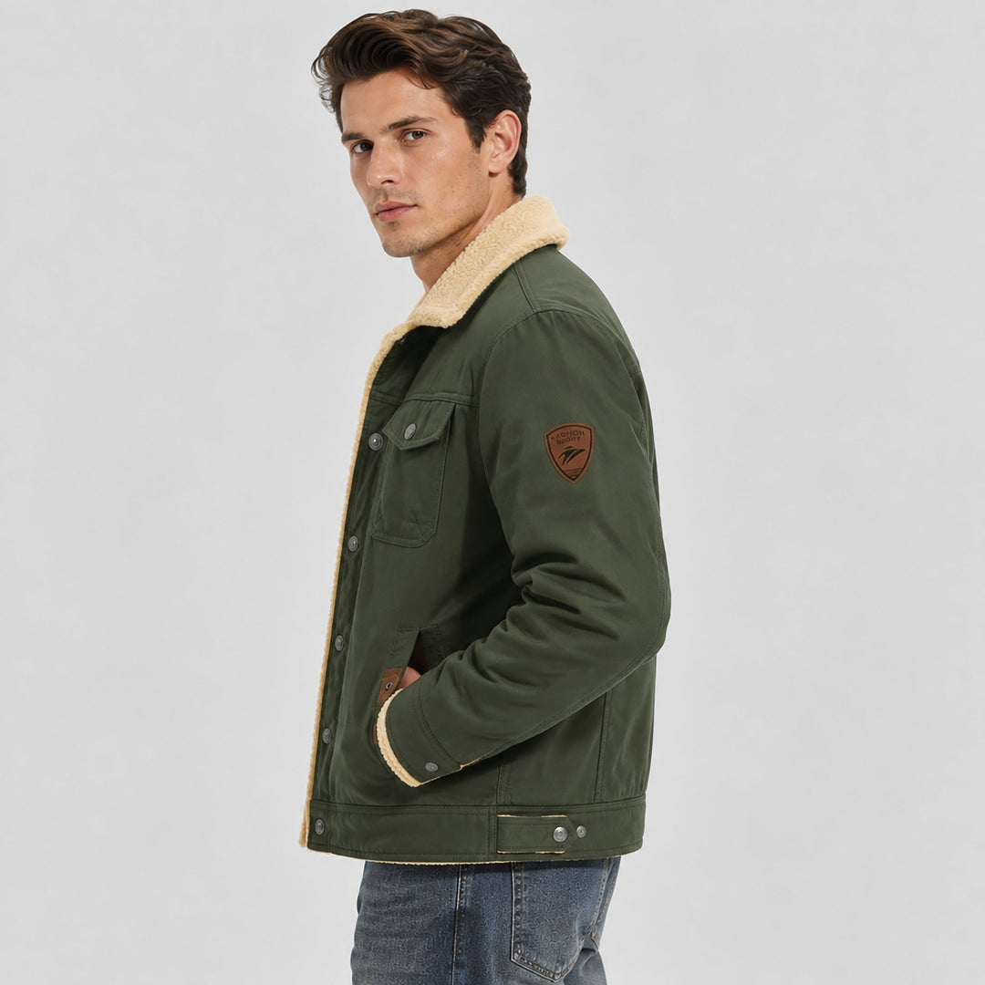 Giacca trucker da uomo foderata in sherpa con colletto risvoltato