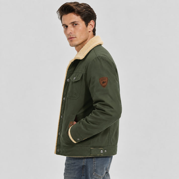 Giacca trucker da uomo foderata in sherpa con colletto risvoltato