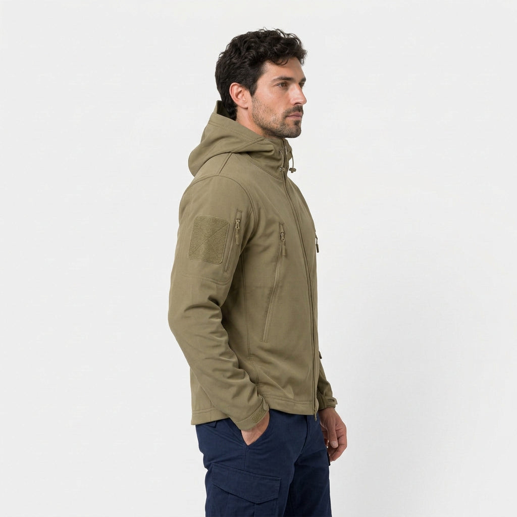 Giacca tattica softshell da uomo con cappuccio e tasche con zip