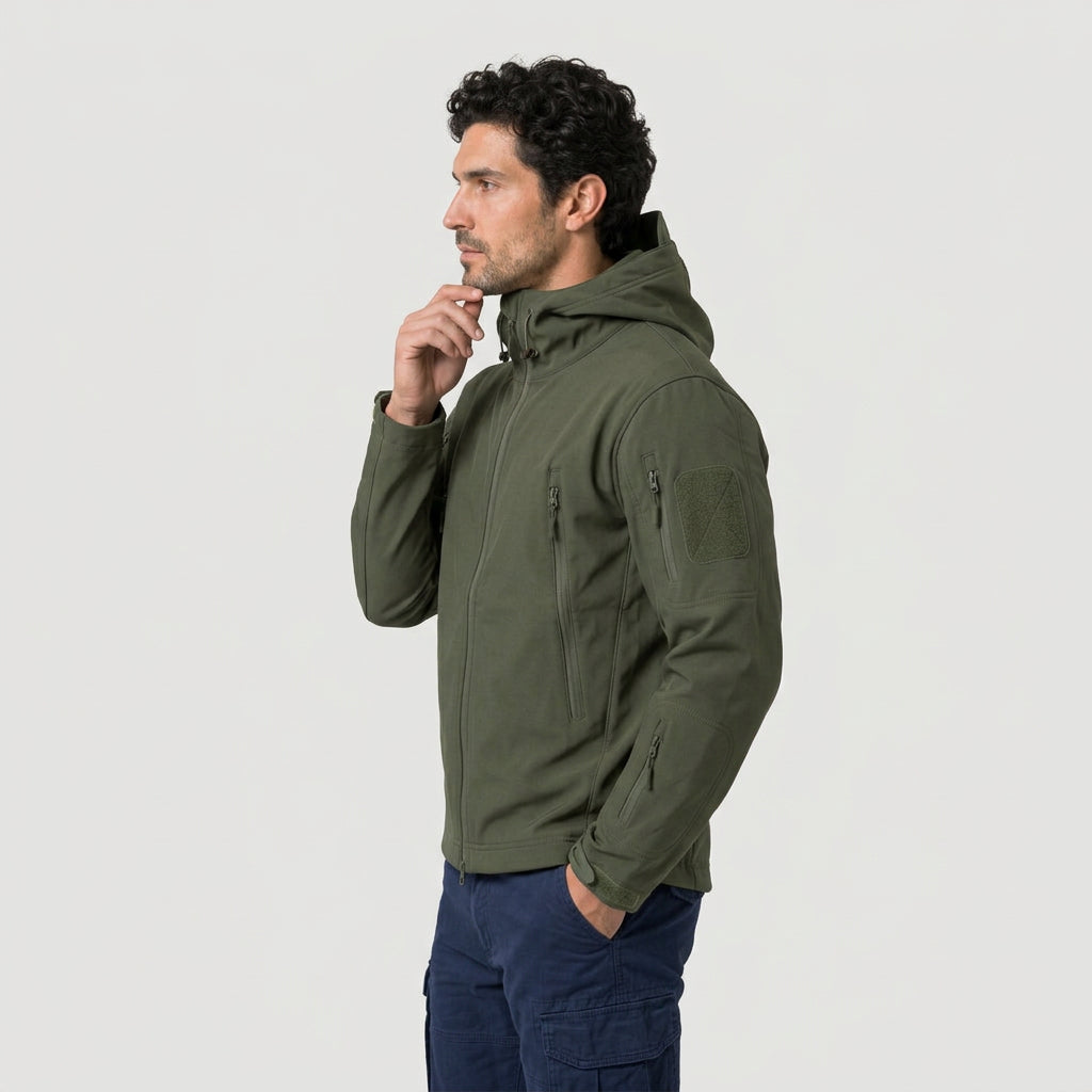 Giacca tattica softshell da uomo con cappuccio e tasche con zip