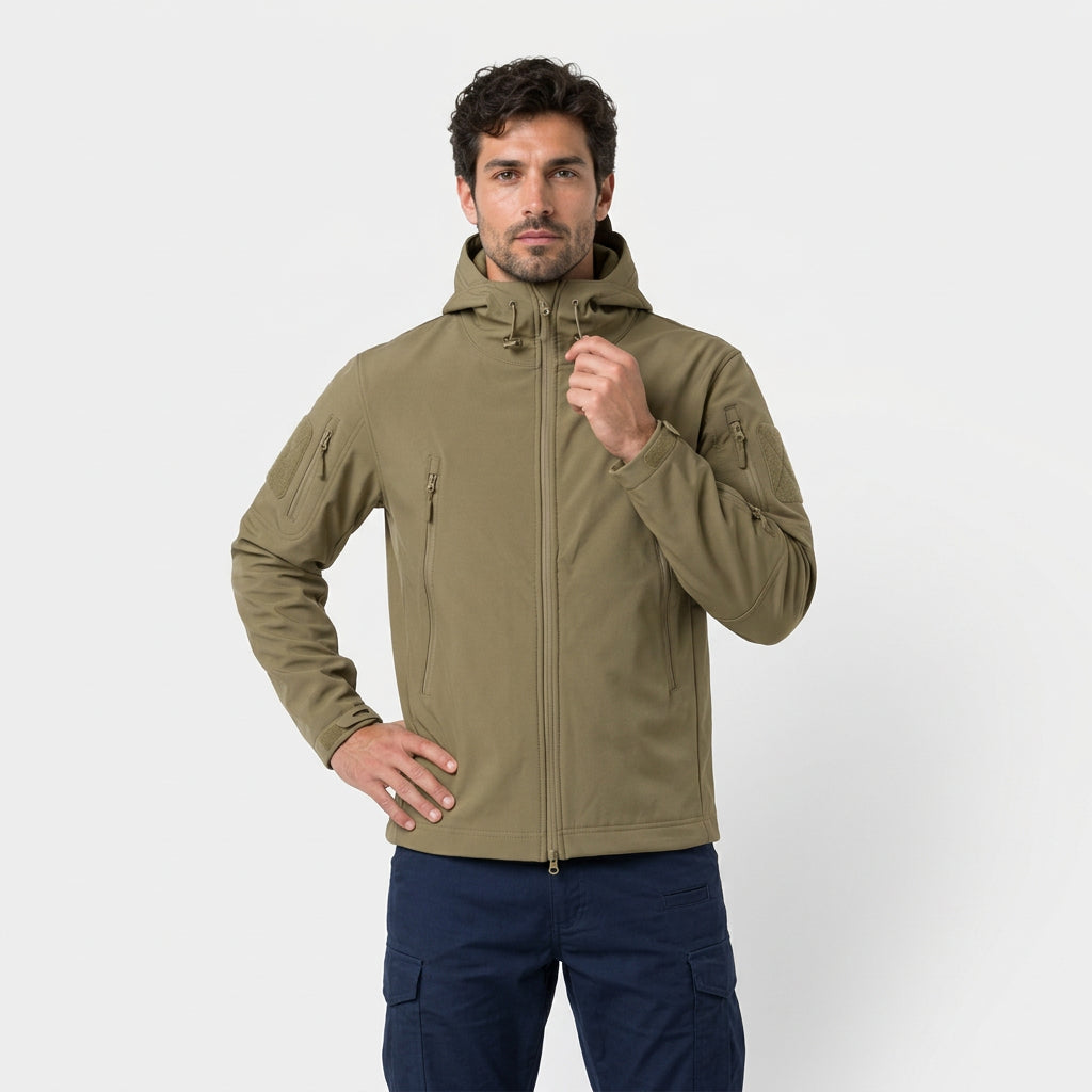 Giacca tattica softshell da uomo con cappuccio e tasche con zip