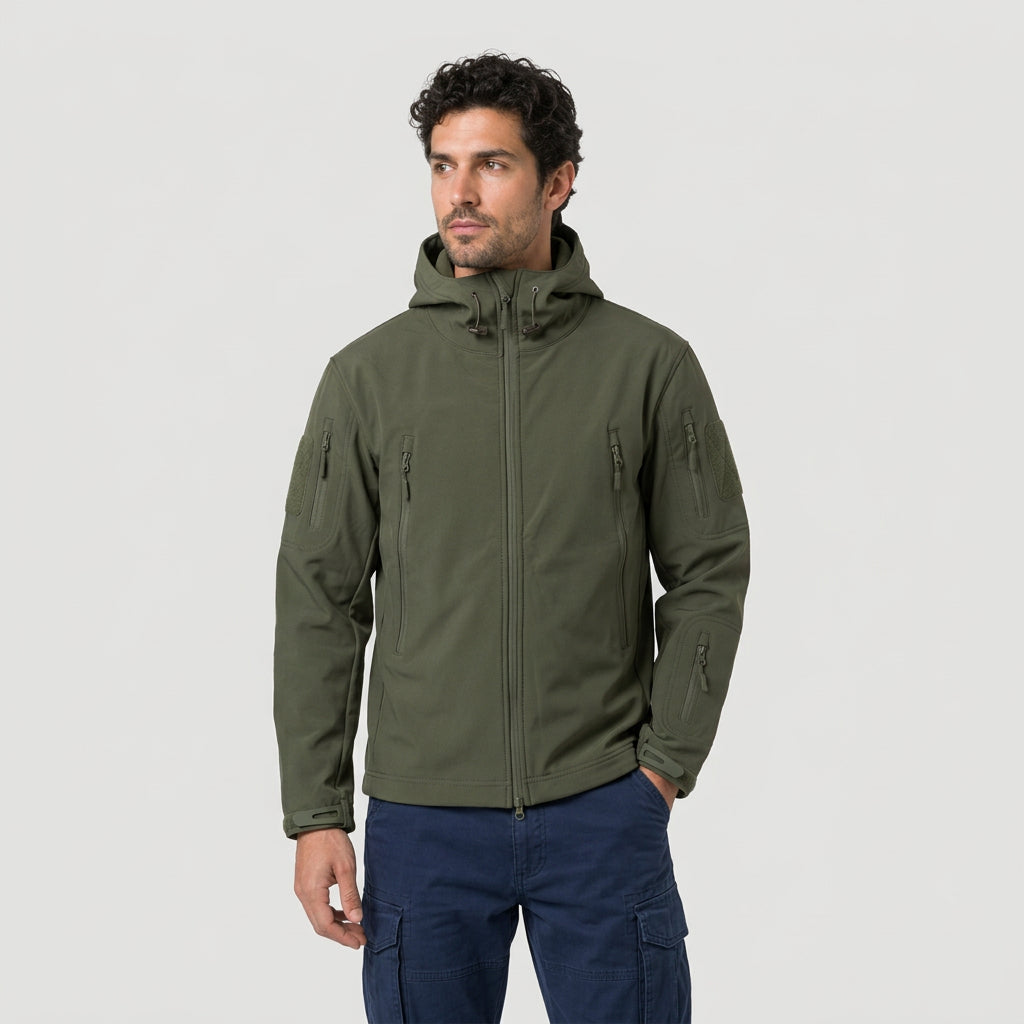 Giacca tattica softshell da uomo con cappuccio e tasche con zip