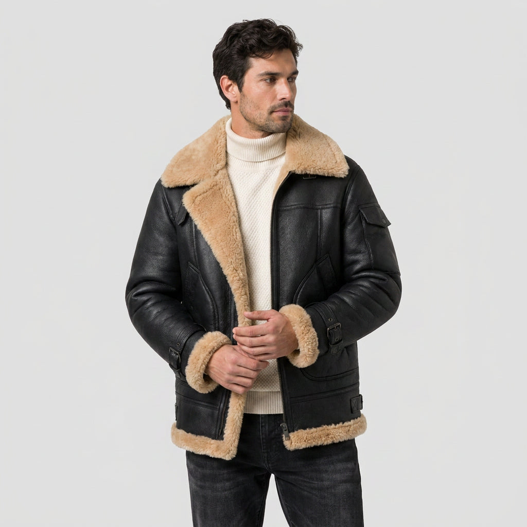 Giacca da uomo in vera pelle d'agnello con fodera in sherpa