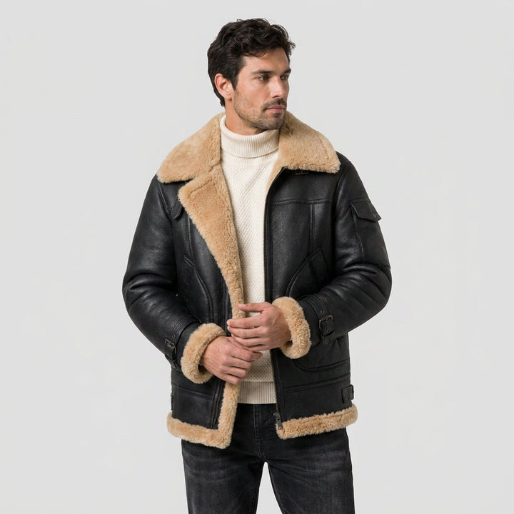 Giacca da uomo in vera pelle d'agnello con fodera in sherpa