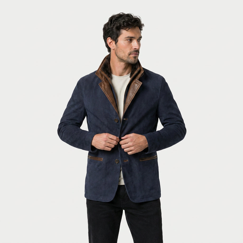 Veste en Daim Homme avec Col Montant en Cuir