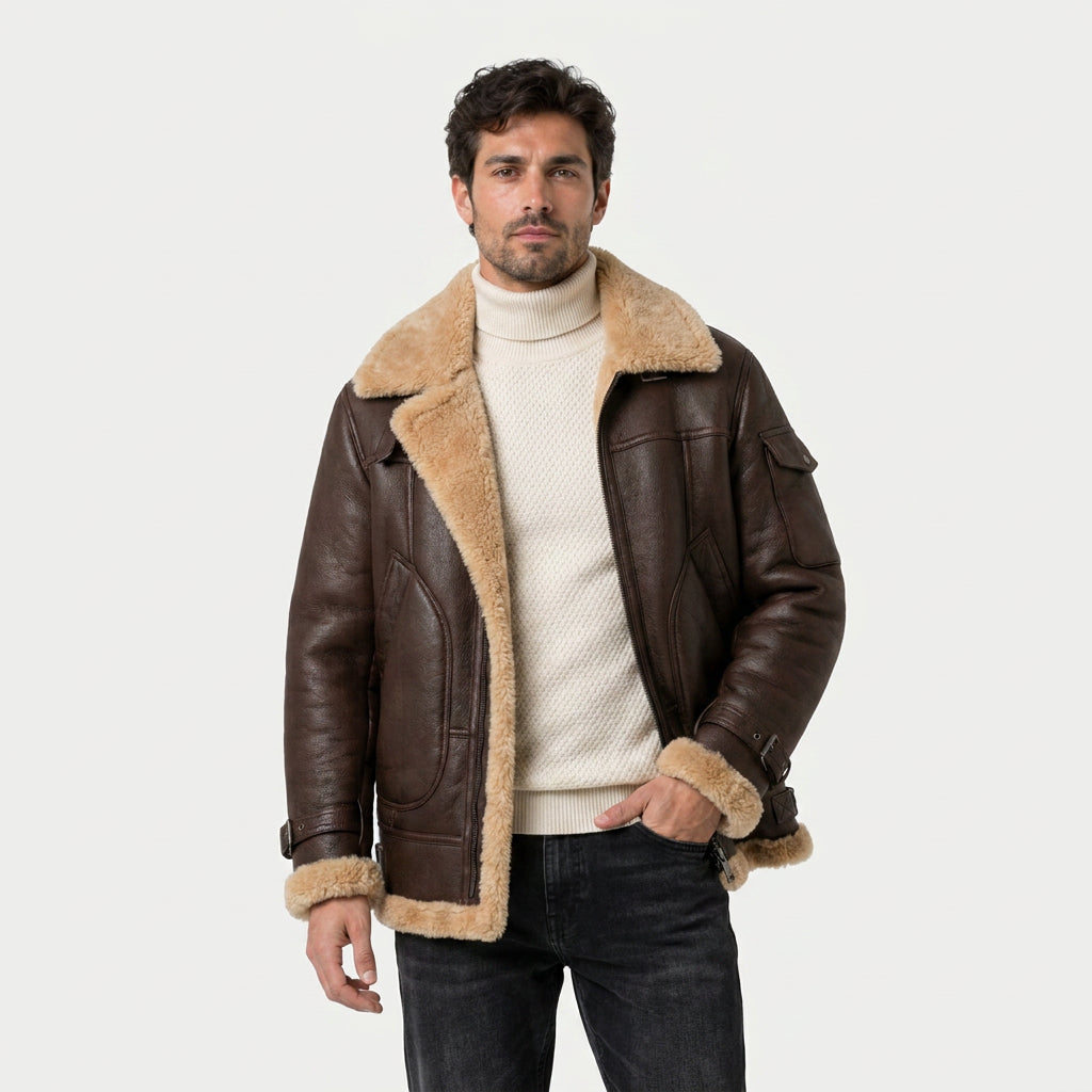 Giacca da uomo in vera pelle d'agnello con fodera in sherpa