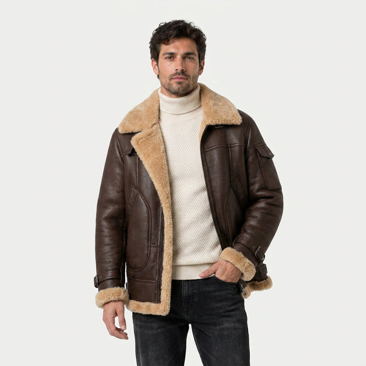 Giacca da uomo in vera pelle d'agnello con fodera in sherpa