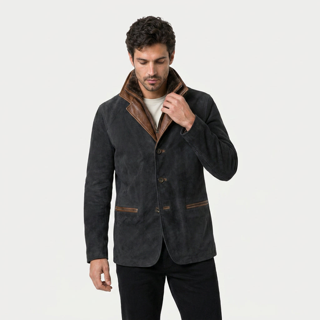 Veste en Daim Homme avec Col Montant en Cuir