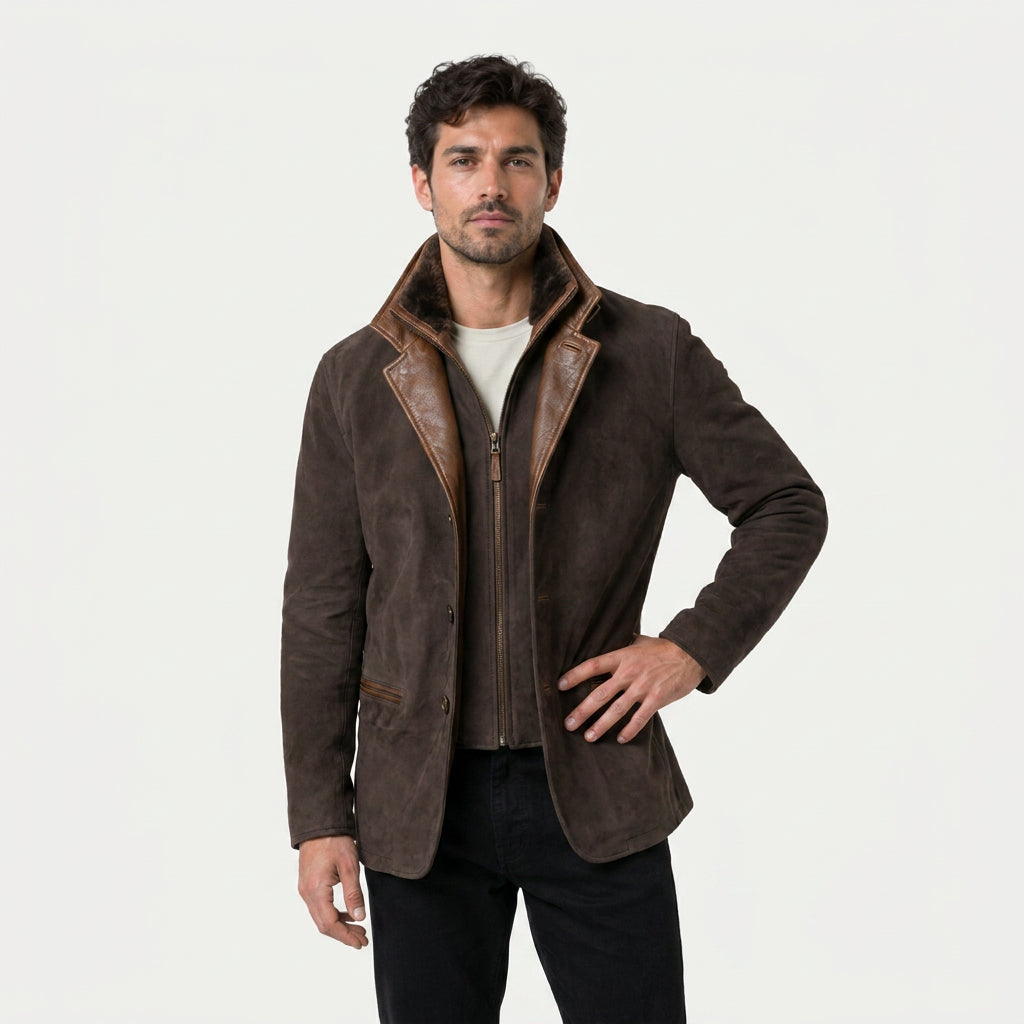 Veste en Daim Homme avec Col Montant en Cuir