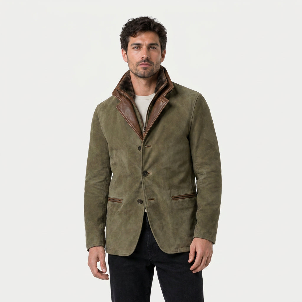 Veste en Daim Homme avec Col Montant en Cuir