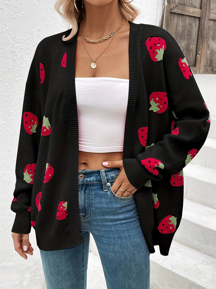 Oversized damesvest van breisel met aardbeienmotief