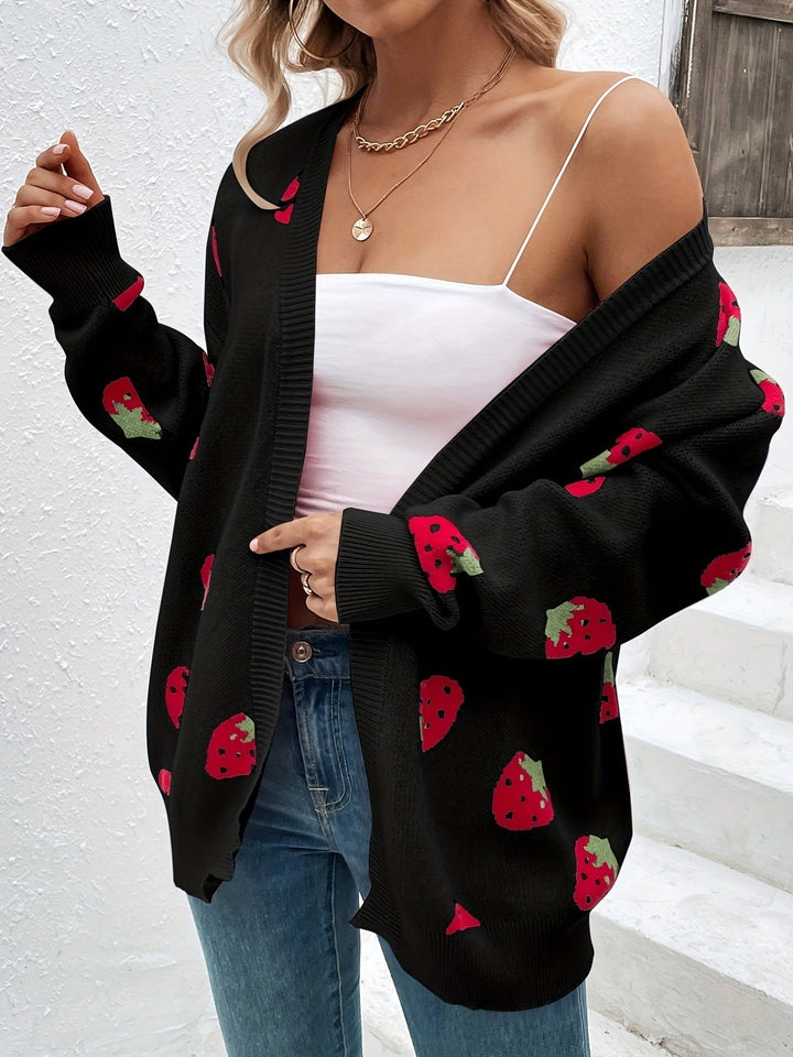 Oversized damesvest van breisel met aardbeienmotief