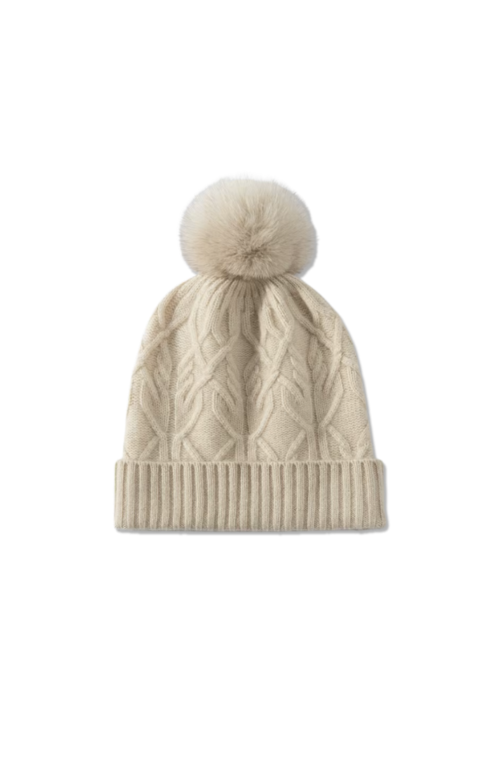 Berretto da donna in cashmere a maglia intrecciata – pon-pon in pelliccia sintetica