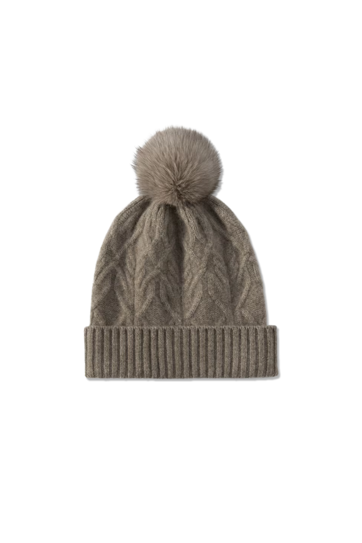 Berretto da donna in cashmere a maglia intrecciata – pon-pon in pelliccia sintetica