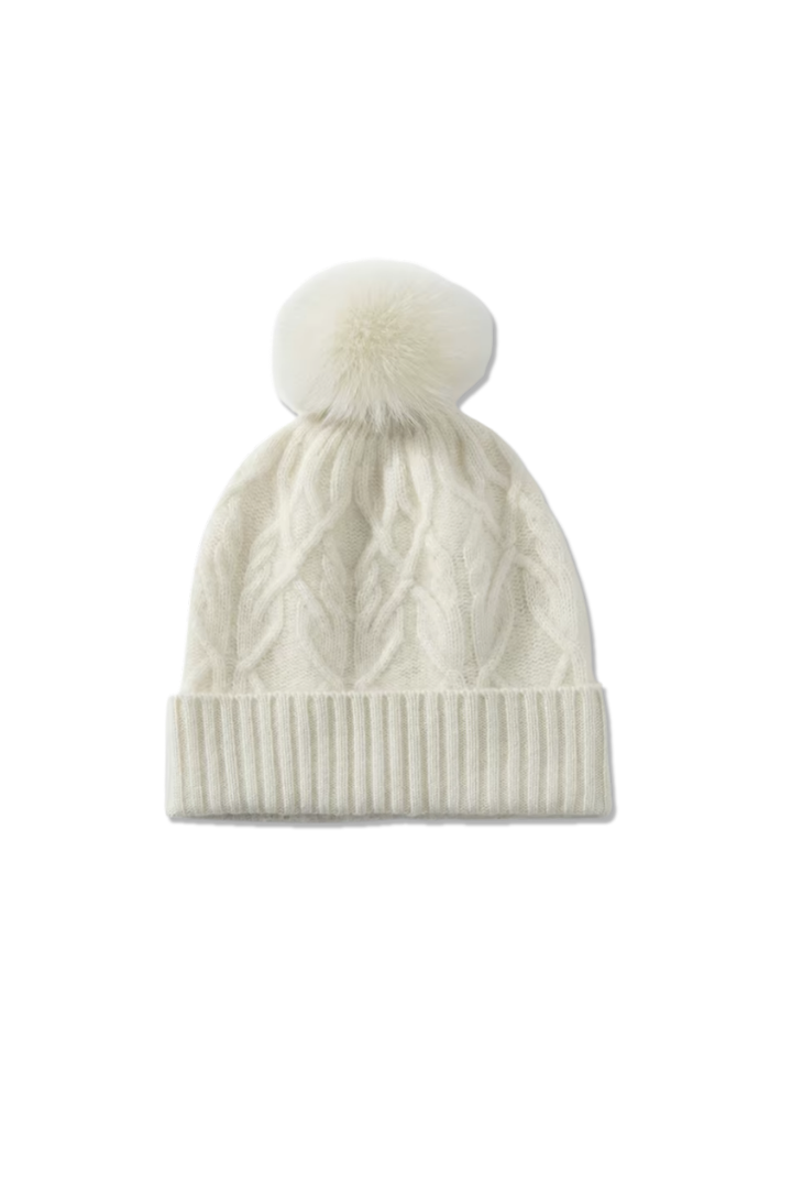 Berretto da donna in cashmere a maglia intrecciata – pon-pon in pelliccia sintetica
