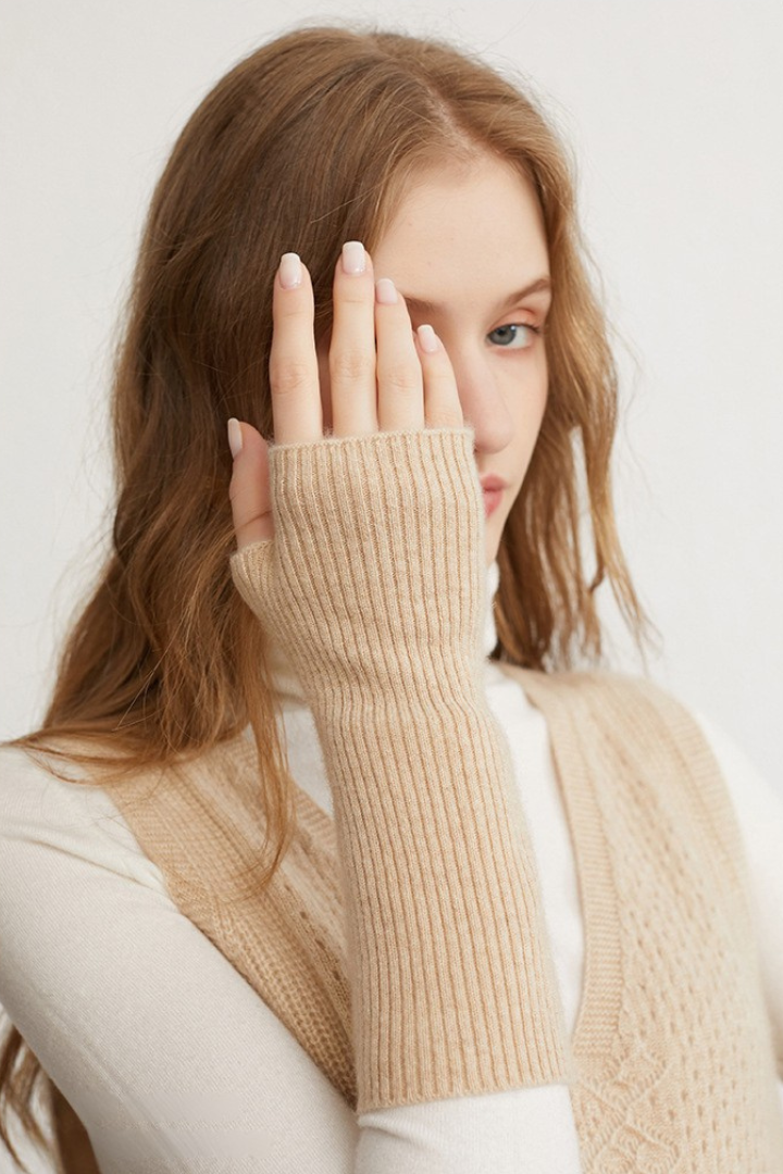 Donna – Guanti lunghi in puro cashmere – Polsini lunghi in maglia a coste