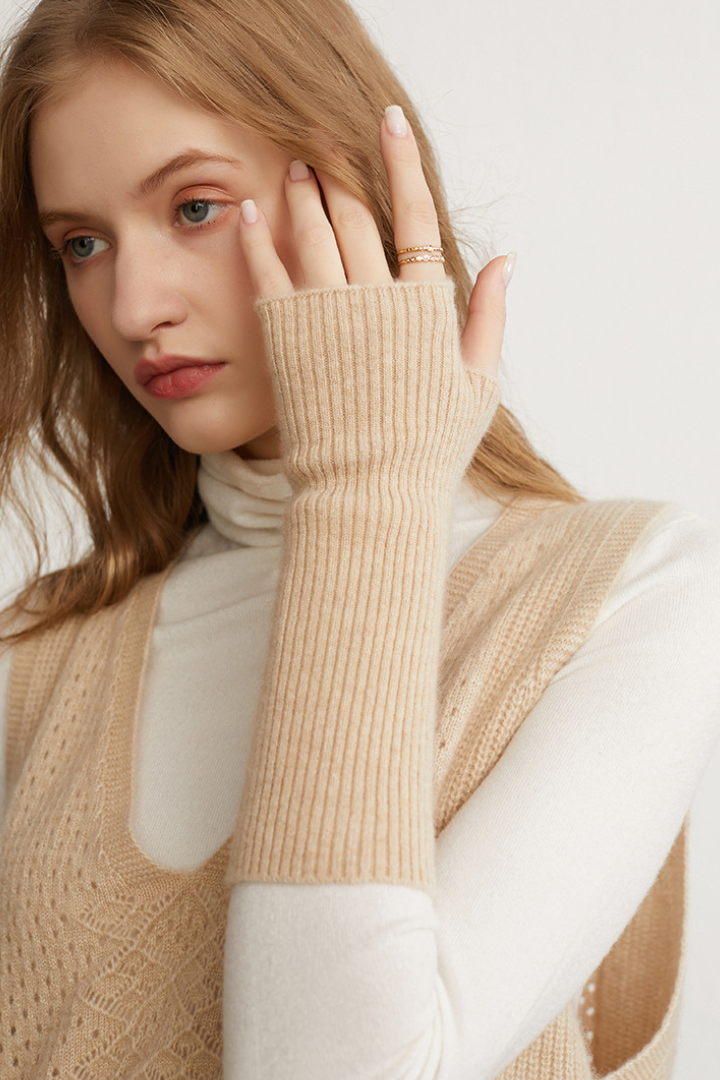 Donna – Guanti lunghi in puro cashmere – Polsini lunghi in maglia a coste