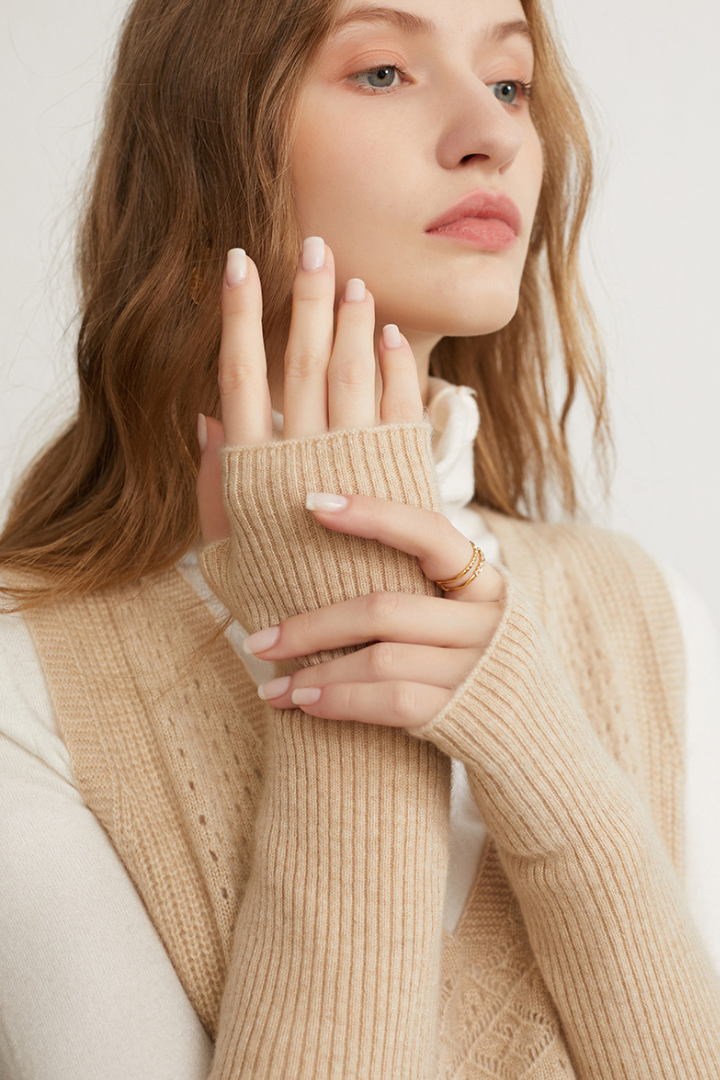 Donna – Guanti lunghi in puro cashmere – Polsini lunghi in maglia a coste